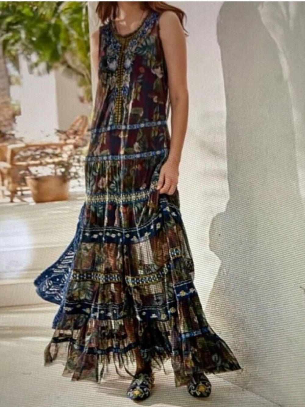 Johnny Was Biya Farley Mesh Maxi Dress Womens M Multi Embroidered Tiered Dress